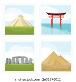 Marcos do mundo, paisagem Torii portão Japão, Chichen Itza México, Egito pirâmide Giza e Stonehenge Inglaterra. Ícone de vetor definido para aplicativo de viagem, site