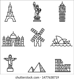 World Landmarks Line Icon Set. Simple Vector Illustration.