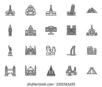 World landmarks line icons set. linear style symbols collection, outline signs pack. Famous Landmarks vector graphics. Set includes icons as golden gate bridge, blue mosque building, capitol, temple 