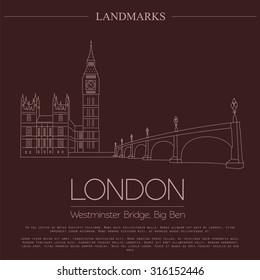 World landmarks. London. United Kingdom.Westminster Abbey, the Bridge, Big Ben. Graphic template. Logos and badges. Linear design. Vector illustration