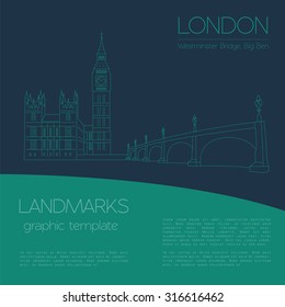 World landmarks. London. United Kingdom.Westminster Abbey, the Bridge, Big Ben. Graphic template. Logos and badges. Linear design. Vector illustration