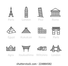 World Landmarks Outline Icons, Abstract Vector Set