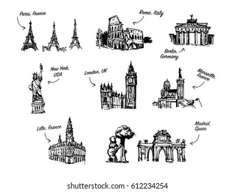 World landmarks outline icons, abstract vector set - France, Germany, USA, Spain, UK. Spain vector drawing. Germany vector. Italy vector