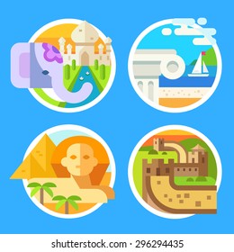 World landmarks, parts of world - the Great Wall, Temple of Greece, Great Pyramid of Giza in Egypt, the Taj Mahal and Elephant in India. Vector flat illustrations, badges and emblems