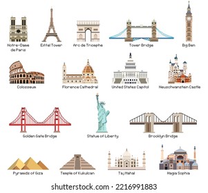 World landmarks pixel art icons vector set