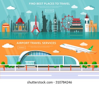 World landmarks, places to travel and airport service set with flat elements. Colorful graphic vector illustration.