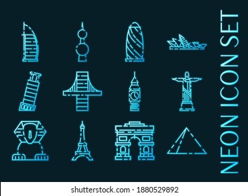 World landmarks set icons. Blue neon style.