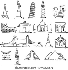 world landmarks signs set made from arrow vector illustration sketch doodle hand drawn with black lines isolated on white background