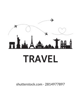 World Landmarks Silhouette Against White Background With Airplanes
