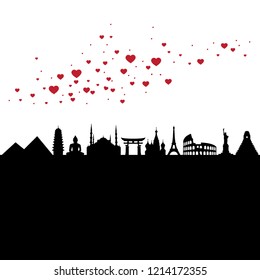 world landmarks and sky full of red hearts, vector background