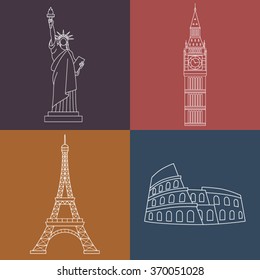 World Landmarks Statue of liberty, Eiffel Tower,  Big Ben, Colosseum. Vector line icons set.