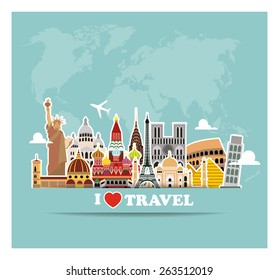 World landmarks sticker icons set with sky scrapbook background vector illustration