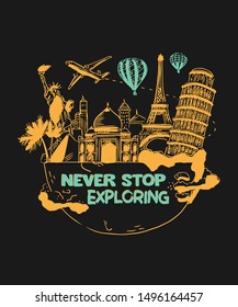 world - landmarks - t shirt design - vector