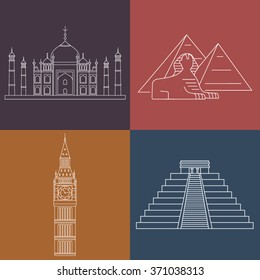 World Landmarks Taj Mahal, Sphinx, Big Ben, Chichen Itza. Vector line icons set.