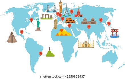 World landmarks tour map. Famous travel places