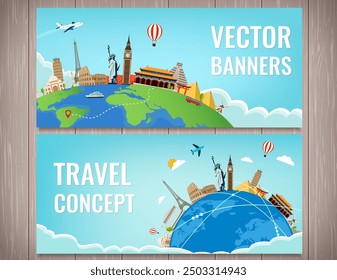 World landmarks. Travel and tourism background. Vector flat illustration