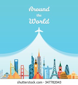 World landmarks. Travel and tourism background. Vector flat illustration