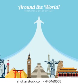 World landmarks. Travel and tourism background. Vector flat illustration