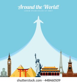 World landmarks. Travel and tourism background. Vector flat illustration