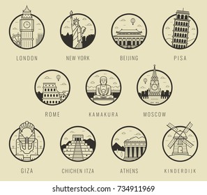 World landmarks. Travel and Tourism. Landmarks icons set. Vector illustration