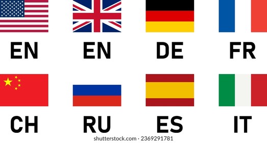 Indicador de botón de bandera de idiomas mundiales Juego de iconos que incluyen las banderas de Estados Unidos, Reino Unido, Alemania, Francia, China, Rusia, España e Italia para inglés, alemán, francés, chino, ruso, español e italiano. Imagen vectorial.