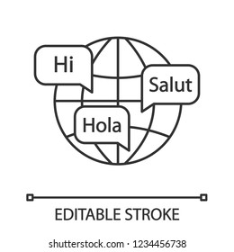 World languages linear icon. International communication. Thin line illustration. Foreign language schools. Communication skills for travelling. Contour vector isolated drawing. Editable stroke