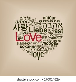 World languages of word love forming a heart shape