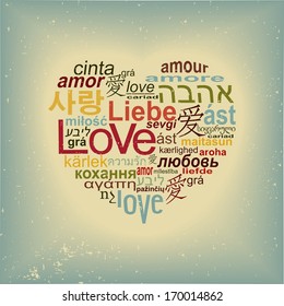 World languages of word love forming a heart shape, vintage style