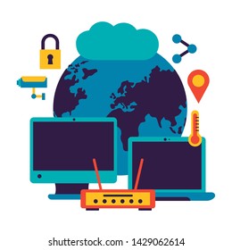 world laptop computer cloud computing router wifi free connection vector illustration