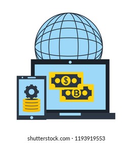 world laptop smartphone dollar bitcoin trade fintech