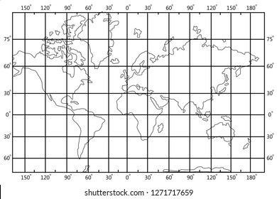 World Latitude And Longitude Map Vector Template With Black Outline And Sketch Style For Education, Web, Banner, Internet Isolated On White Background - Vector Illustration Eps 10