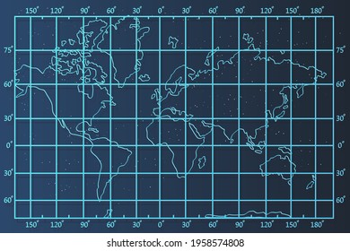 World Latitude and Longitude Map vector template with blue outline and sketch style for education, web, banner, internet isolated on galaxy background - Vector illustration eps 10