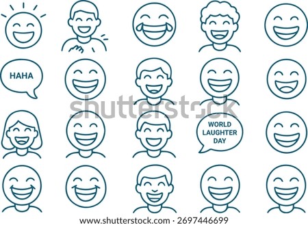 World laughter day icons isolated on white background, depicting happy faces and joyful expressions, celebrating the universal language of laughter and happiness
