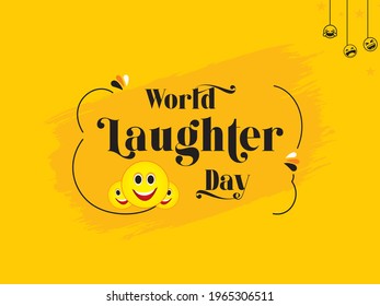 World Laughter Day Poster Design. Illustration of Smile Symbol with Hanging Icons with Yellow Background 