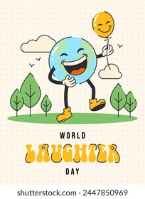 World laughter day. World smile day. Groovy style. Retro earth character with a smile and helium balloon. Earth day. International Happiness Day. Happy cute Earth planet character mascot