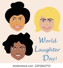 World Laughter Day and smiling human faces in the light background.