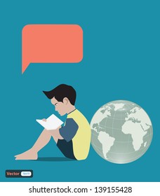 The World Of Learning,boy reading book,vector eps10