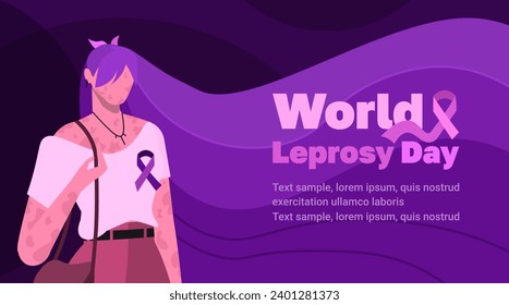 World Leprosy Day 30 January. Young modern woman with violet hair and color purple ribbon. Light purple text. Awareness, healthcare and medical 