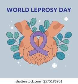 World Leprosy Day Awareness Month with Hands and a Purple Ribbon Vector Illustration