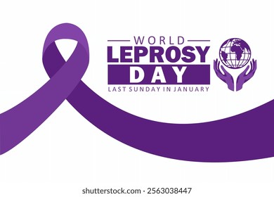 World Leprosy Day banner with a purple ribbon, globe held by hands, and bold text. Vector illustration with a white background.