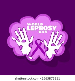 World Leprosy Day to celebrate on last Sunday in January. Illustration of two hands affected by leprosy with a purple campaign ribbon on a dark purple background. Health event banner.