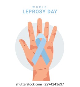 World leprosy day poster with a blue ribbon in the hand