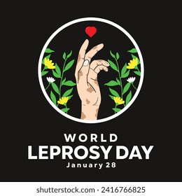 World Leprosy Day theme template for January 28, 2024. Black background Vector illustration featuring hands, flower and heart. Suitable for posters, banners, campaigns, and greeting cards.