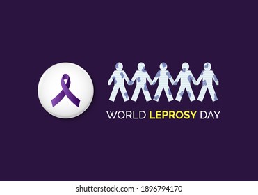 Ilustración vectorial del Día Mundial de la Lepra con insignias y cintas de sensibilización púrpura y personas de papel. Afiche del Día de la Lepra sobre fondo morado.