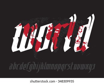 Weltreiche Illustration mit Karte. Neue moderne gotische Schriftart. Gotische Briefe mit Dekorationselementen. Vektoralphabet