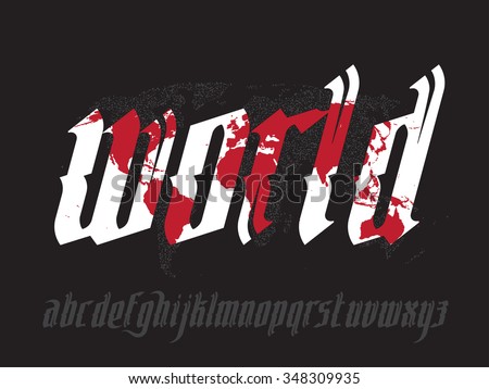 World lettering illustration with map. New modern gothic font. Gothic letters with decoration elements. Vector alphabet