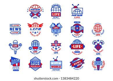 World Life news logo original design set, social mass media emblems, breaking and live news badges vector Illustration on a white background