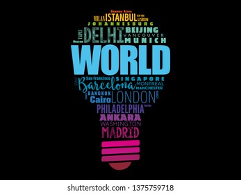 WORLD light bulb word cloud concept made with words cities names, business concept background