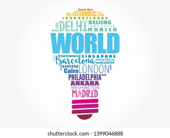 WORLD light bulb word cloud concept made with words cities names, business concept background