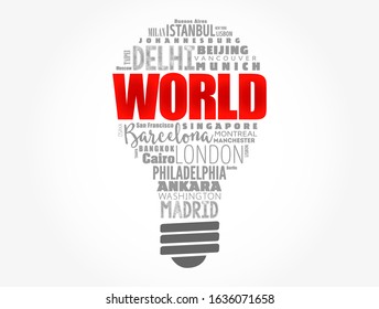 WORLD light bulb word cloud concept made with words cities names, business concept background